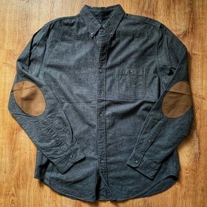 J Crew Gray Mens Long Sleeve Button Up Shirt Brown Suede Elbow Patch Wool Size L